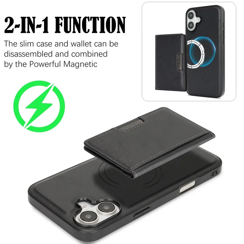 For iPhone 17 Kickstand Case Bi-fold Card Bag PU Leather Coated TPU Cover Compatible with MagSafe - Black