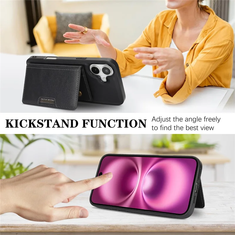 For iPhone 17 Kickstand Case Bi-fold Card Bag PU Leather Coated TPU Cover Compatible with MagSafe - Black
