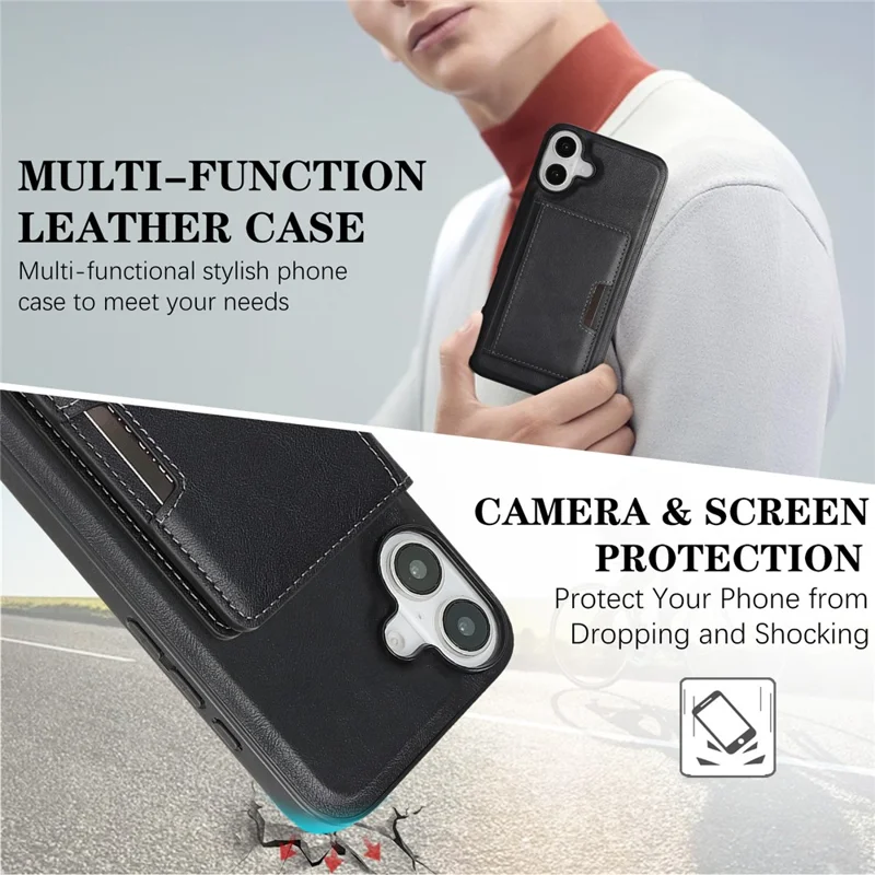For iPhone 17 Kickstand Case Bi-fold Card Bag PU Leather Coated TPU Cover Compatible with MagSafe - Black