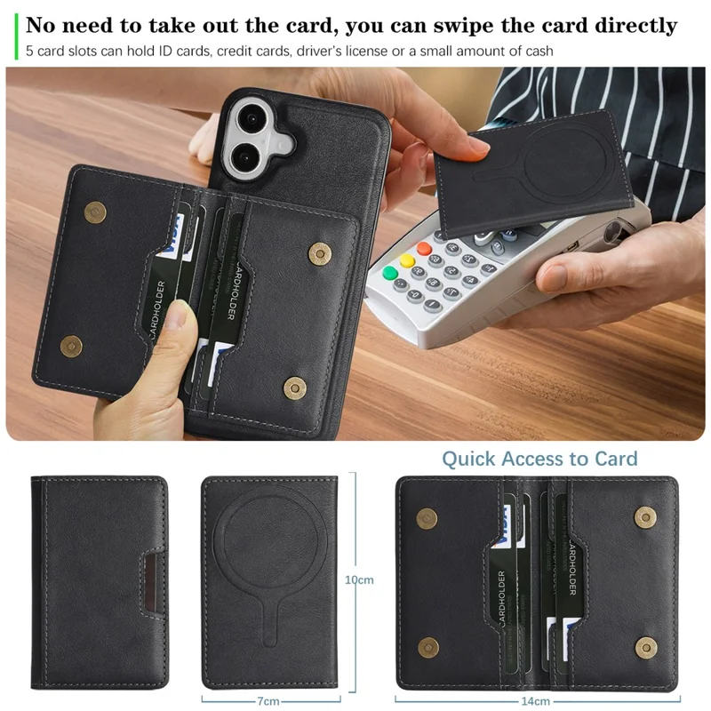 For iPhone 17 Kickstand Case Bi-fold Card Bag PU Leather Coated TPU Cover Compatible with MagSafe - Black