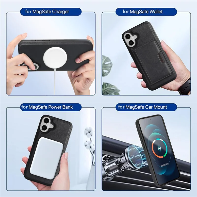 For iPhone 17 Kickstand Case Bi-fold Card Bag PU Leather Coated TPU Cover Compatible with MagSafe - Black