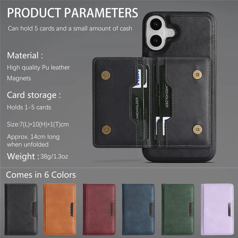 For iPhone 17 Kickstand Case Bi-fold Card Bag PU Leather Coated TPU Cover Compatible with MagSafe - Black