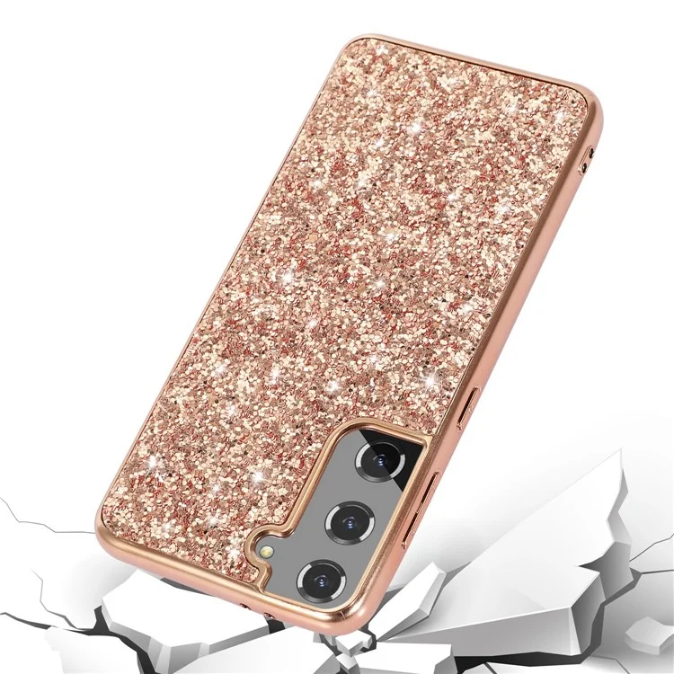 For Samsung Galaxy S23+ Shock Absorbing Shiny Glitter Sequins Phone Case Electroplating TPU Frame Hard PC Back Cover - Rose Gold