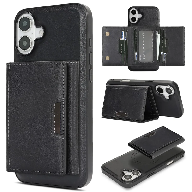 For iPhone 17 Kickstand Case Tri-fold Card Bag PU Leather Coated TPU Cover Compatible with MagSafe - Black