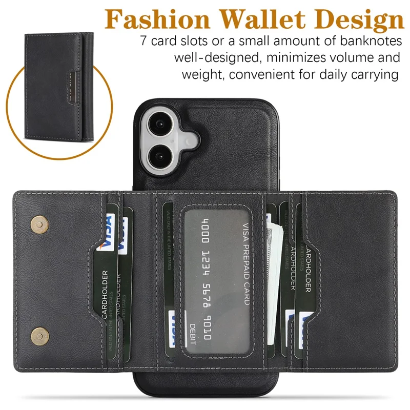 For iPhone 17 Kickstand Case Tri-fold Card Bag PU Leather Coated TPU Cover Compatible with MagSafe - Black