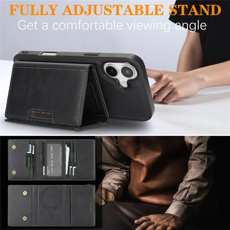 For iPhone 17 Kickstand Case Tri-fold Card Bag PU Leather Coated TPU Cover Compatible with MagSafe - Black