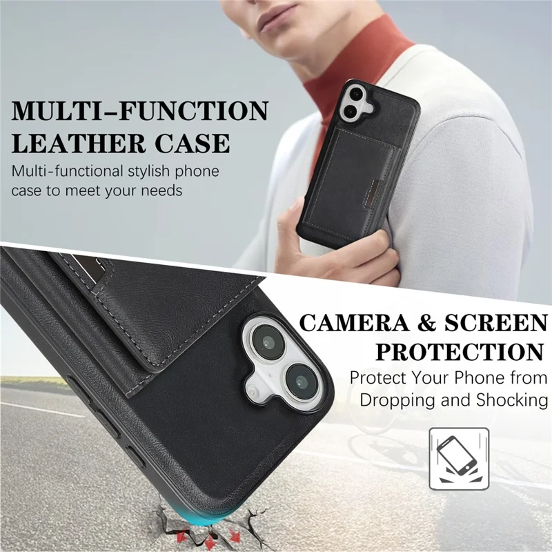 For iPhone 17 Kickstand Case Tri-fold Card Bag PU Leather Coated TPU Cover Compatible with MagSafe - Black