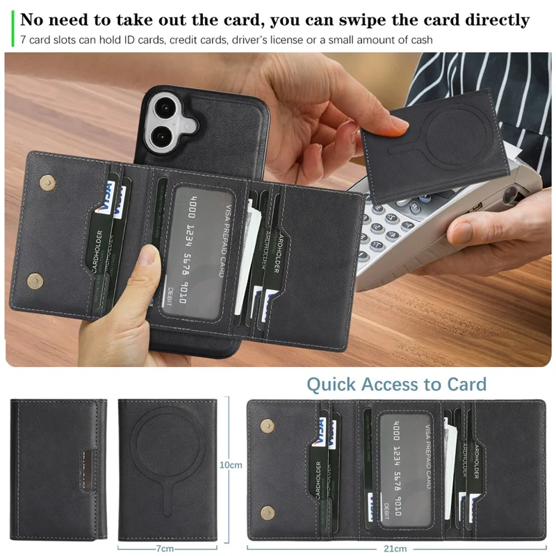 For iPhone 17 Kickstand Case Tri-fold Card Bag PU Leather Coated TPU Cover Compatible with MagSafe - Black