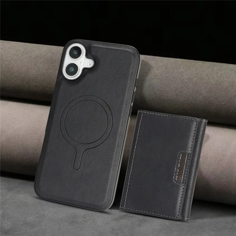 For iPhone 17 Kickstand Case Tri-fold Card Bag PU Leather Coated TPU Cover Compatible with MagSafe - Black