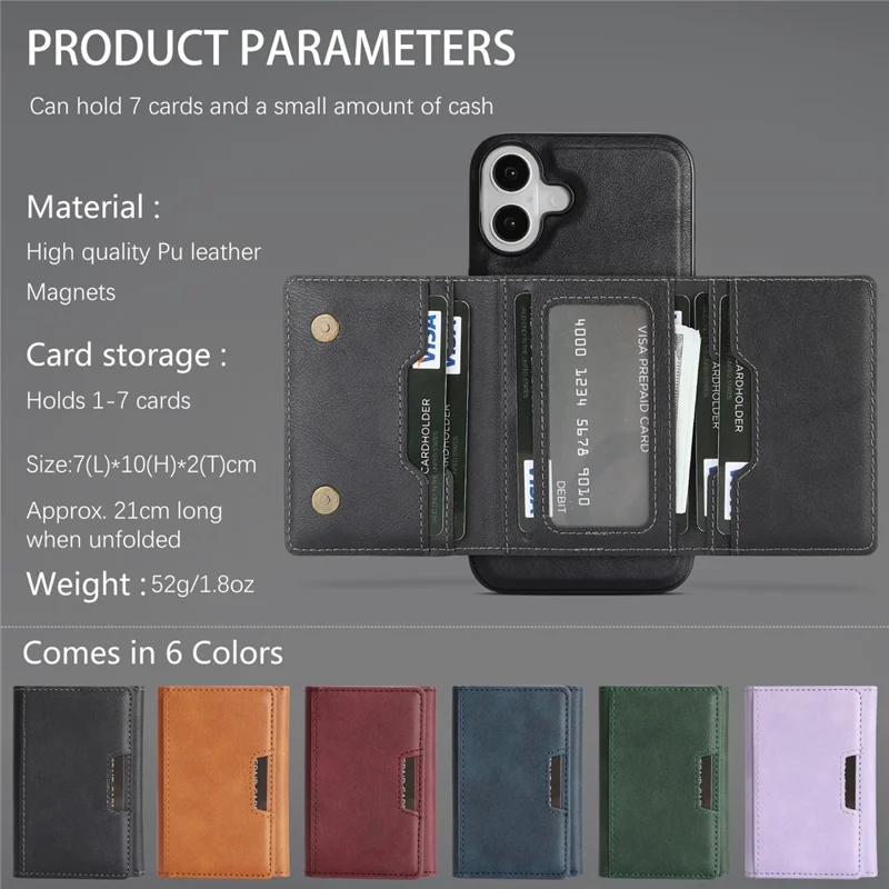 For iPhone 17 Kickstand Case Tri-fold Card Bag PU Leather Coated TPU Cover Compatible with MagSafe - Black