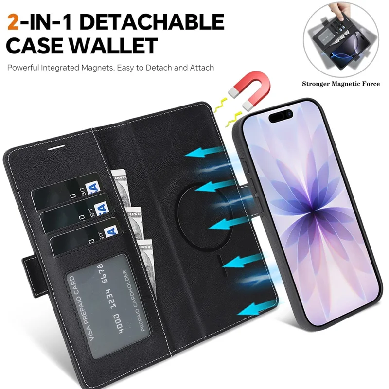 Étui pour iPhone 17 Détachable 2 en 1 Portefeuille en Cuir Étui de Téléphone Compatible avec MagSafe - Noir