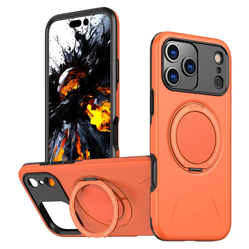 Hoesje voor iPhone 17 Pro Max, compatibel met MagSafe, TPU + PC achterkant met draaibare standaard - Oranje