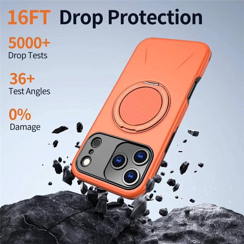 Hoesje voor iPhone 17 Pro Max, compatibel met MagSafe, TPU + PC achterkant met draaibare standaard - Oranje