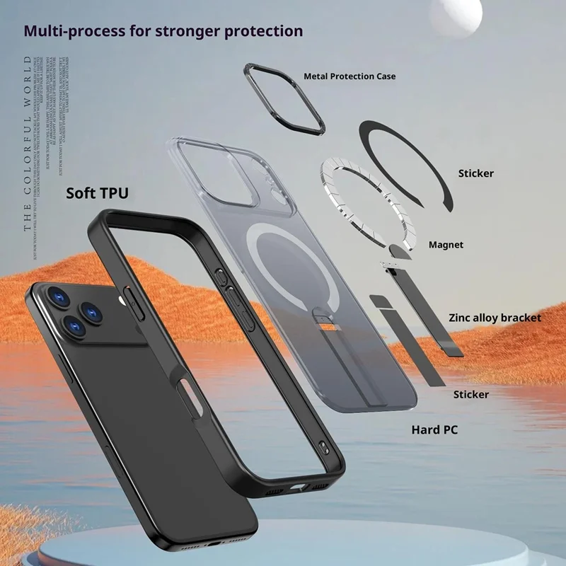 Groothandel Voor iPhone 17 Pro Max Hoesje Compatibel met MagSafe Standje Matte Huidgevoel PC + TPU Telefoonhoes - Zwart