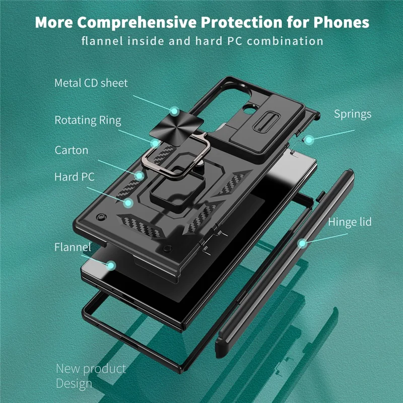 Для Samsung Galaxy Z Fold7 5G Hinge Cover PC + TPU Kickstand Cover with Slide Camera Lid - Черный