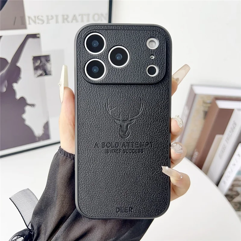 For iPhone 17 Pro Max Case Deer Pattern PU Leather Coated PC + TPU Phone Cover - Black