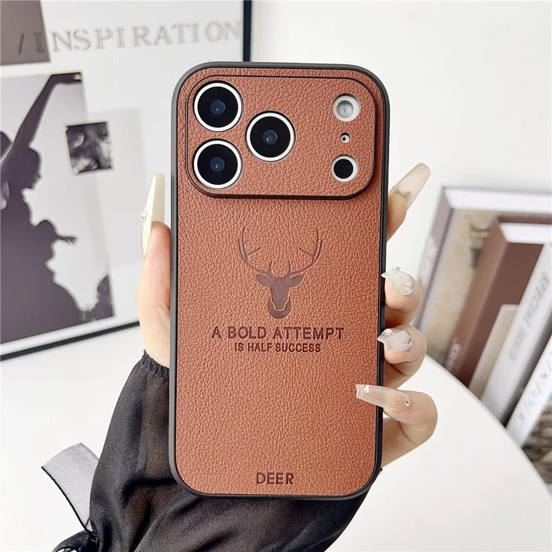 For iPhone 17 Pro Max Case Deer Pattern PU Leather Coated PC + TPU Phone Cover - Brown