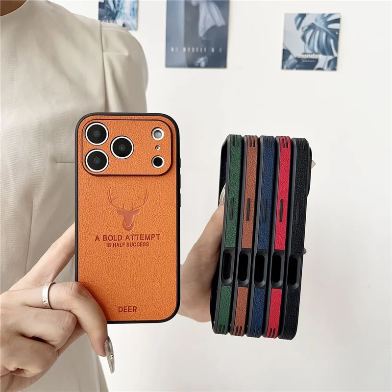 For iPhone 17 Pro Max Case Deer Pattern PU Leather Coated PC + TPU Phone Cover - Brown