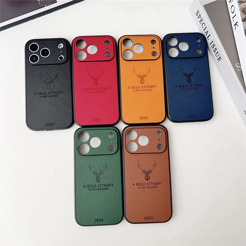 For iPhone 17 Pro Max Case Deer Pattern PU Leather Coated PC + TPU Phone Cover - Brown
