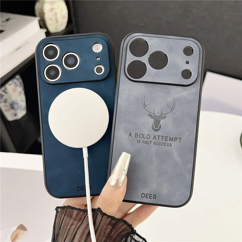 For iPhone 17 Pro Case Deer Pattern PU Leather Coated PC TPU Phone Cover Compatible with MagSafe - Navy Blue