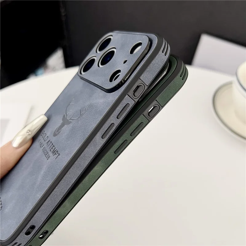 For iPhone 17 Pro Case Deer Pattern PU Leather Coated PC TPU Phone Cover Compatible with MagSafe - Navy Blue