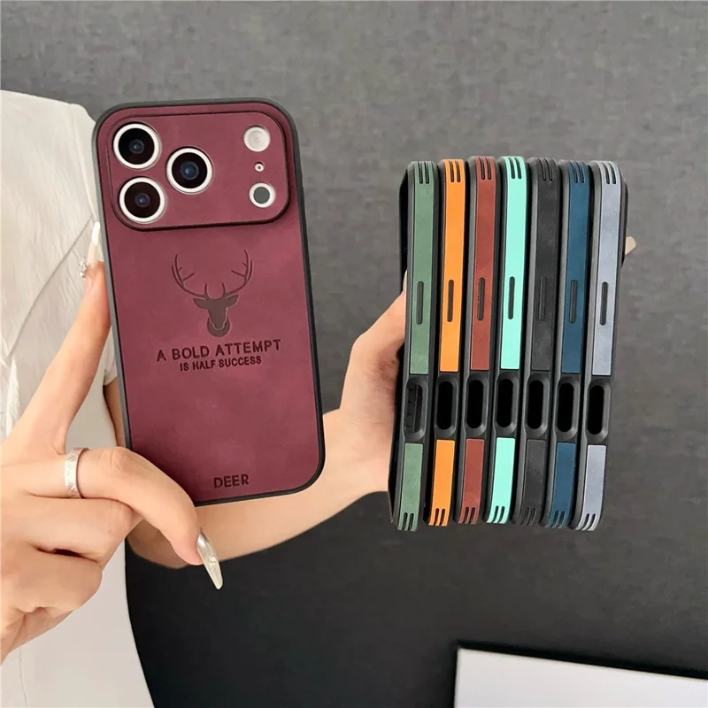 For iPhone 17 Pro Case Deer Pattern PU Leather Coated PC TPU Phone Cover Compatible with MagSafe - Navy Blue