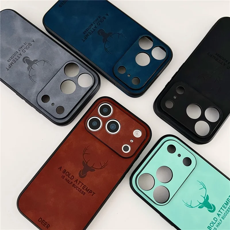 For iPhone 17 Pro Max Case Deer Pattern PU Leather Coated PC TPU Phone Cover Compatible with MagSafe - Navy Blue