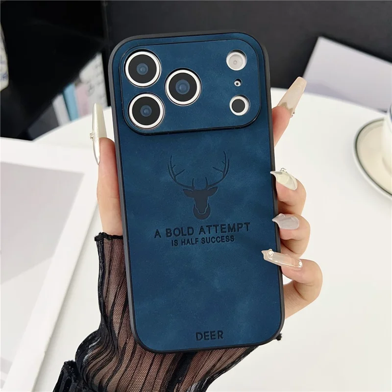 For iPhone 17 Pro Max Case Deer Pattern PU Leather Coated PC TPU Phone Cover Compatible with MagSafe - Navy Blue