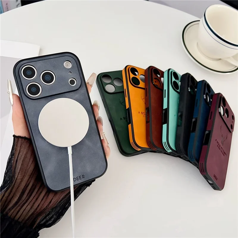 For iPhone 17 Pro Max Case Deer Pattern PU Leather Coated PC TPU Phone Cover Compatible with MagSafe - Navy Blue