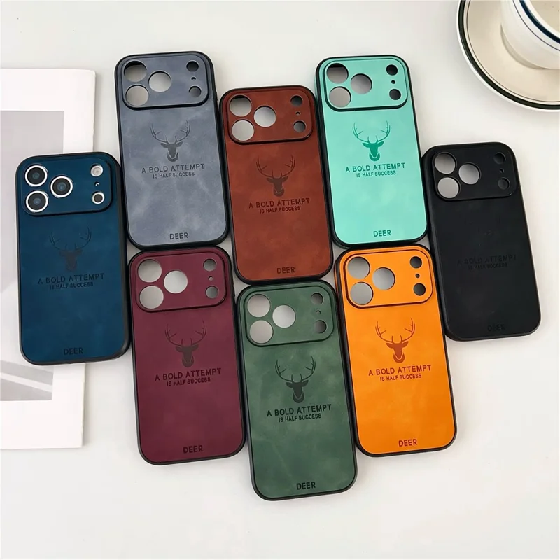 For iPhone 17 Pro Max Case Deer Pattern PU Leather Coated PC TPU Phone Cover Compatible with MagSafe - Navy Blue