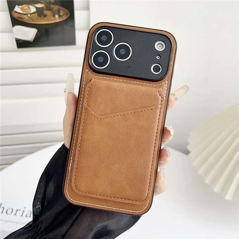 For iPhone 17 Pro Max Case Compatible with MagSafe Rotary Ring Kickstand Leather Back Phone Cover with Detachable Card Holder - Brown