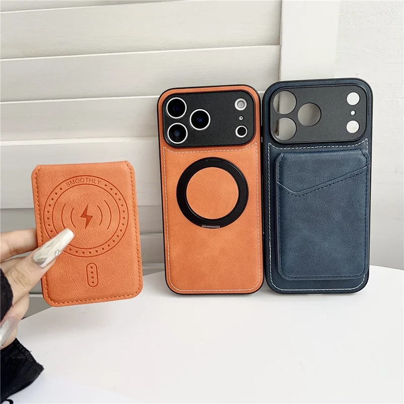 For iPhone 17 Pro Max Case Compatible with MagSafe Rotary Ring Kickstand Leather Back Phone Cover with Detachable Card Holder - Brown