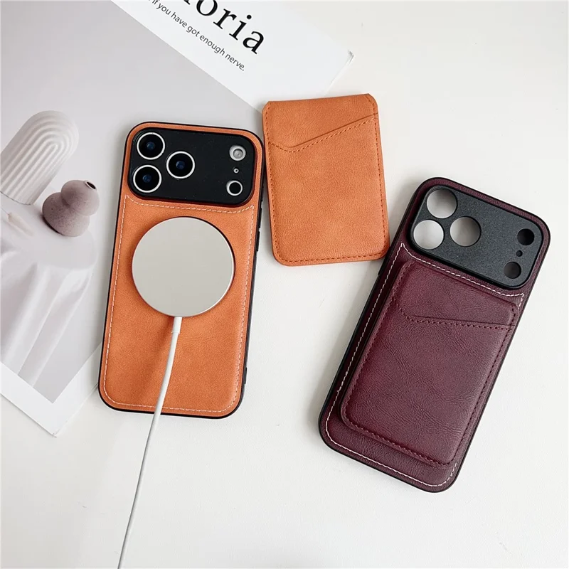 For iPhone 17 Pro Max Case Compatible with MagSafe Rotary Ring Kickstand Leather Back Phone Cover with Detachable Card Holder - Brown