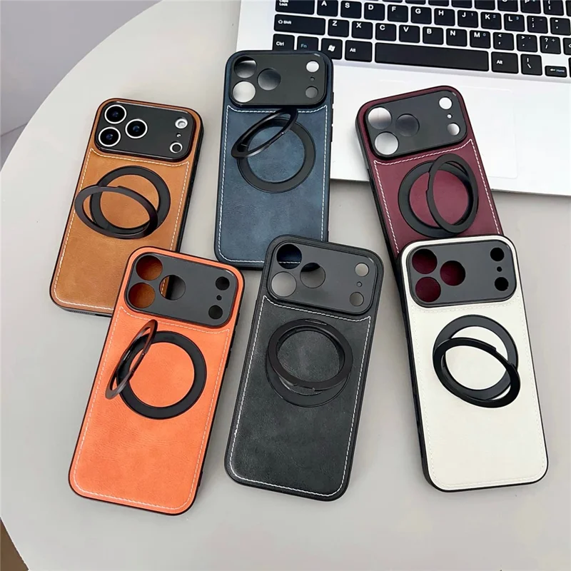 For iPhone 17 Pro Max Case Compatible with MagSafe Rotary Ring Kickstand Leather Back Phone Cover with Detachable Card Holder - Brown