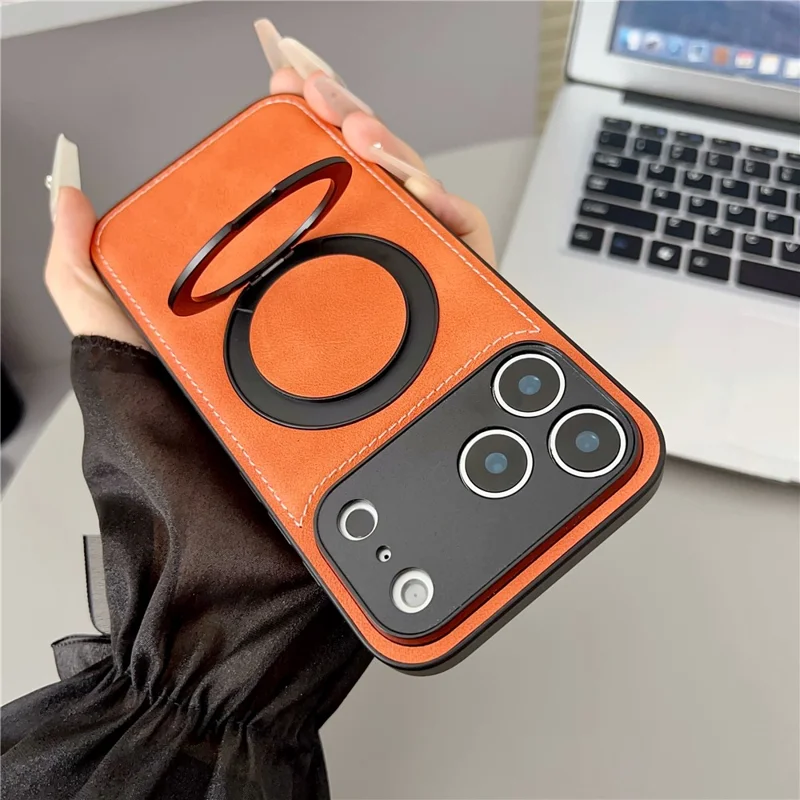 For iPhone 17 Pro Max Case Compatible with MagSafe Rotary Ring Kickstand Leather Back Phone Cover with Detachable Card Holder - Brown