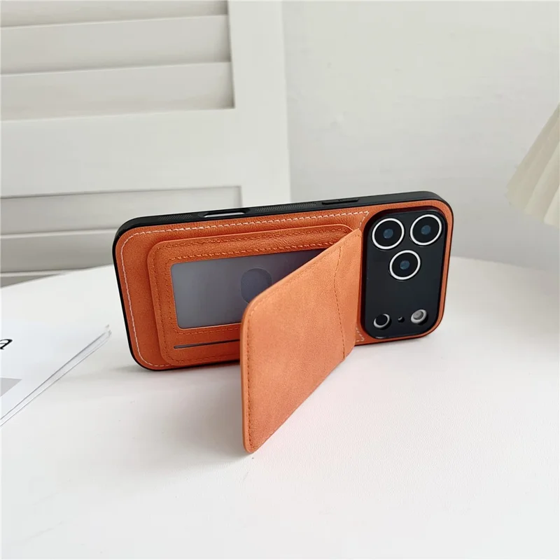 For iPhone 17 Pro Max Case Compatible with MagSafe Rotary Ring Kickstand Leather Back Phone Cover with Detachable Card Holder - Brown