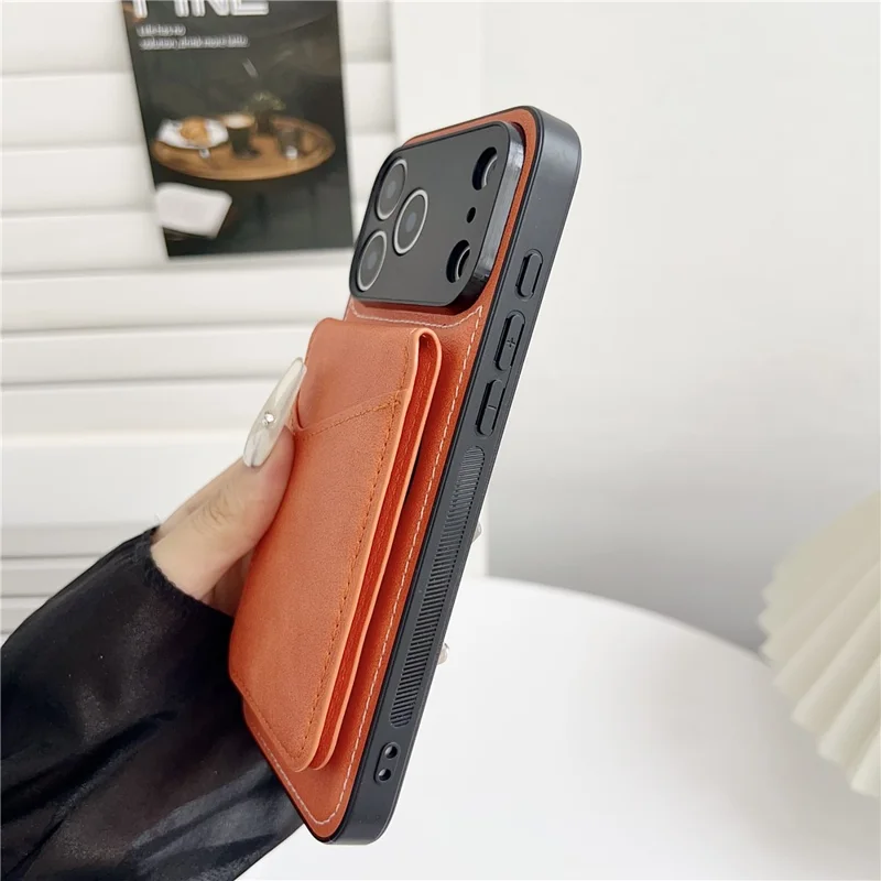 For iPhone 17 Pro Max Case Compatible with MagSafe Rotary Ring Kickstand Leather Back Phone Cover with Detachable Card Holder - Brown