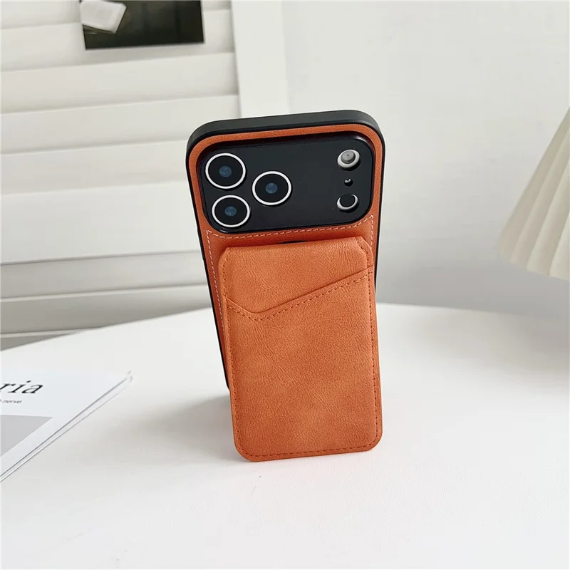 For iPhone 17 Pro Case Compatible with MagSafe Rotary Ring Kickstand Leather Back Phone Cover with Detachable Card Holder - Orange