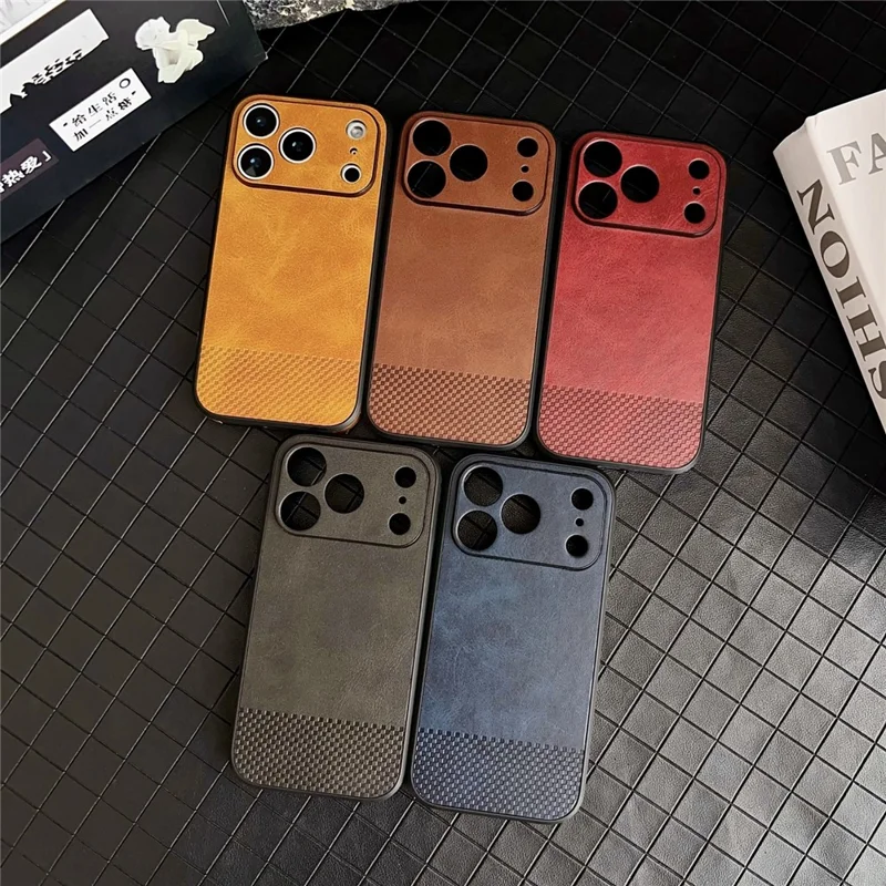 Hülle für iPhone 17 Pro - Gittermuster, PU-Leder-Beschichtung, PC-TPU-Telefonabdeckung - Khaki