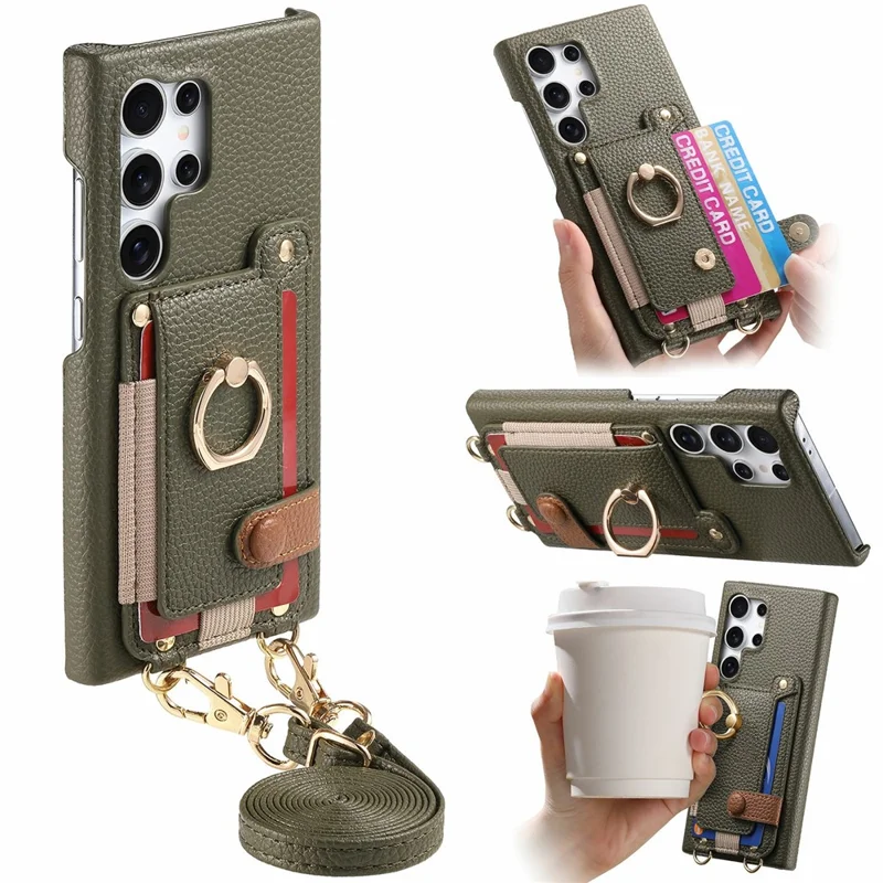 Samsung Galaxy S24 Ultra Hülle Kartenfach Ring Ständer Leder + PC Handyhülle mit Schultergurt - Mitternachtsgrün