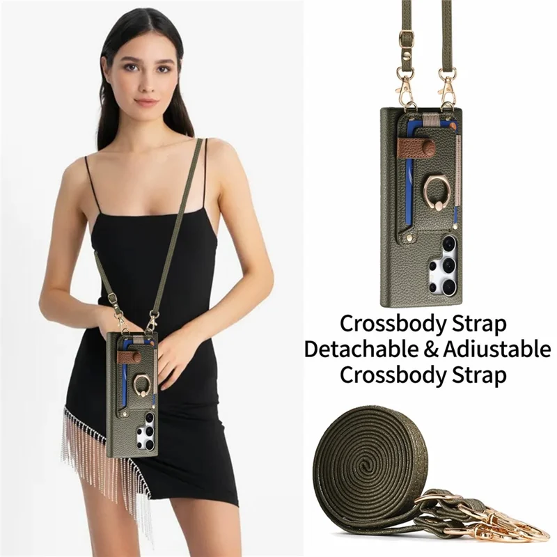 Samsung Galaxy S24 Ultra Hülle Kartenfach Ring Ständer Leder + PC Handyhülle mit Schultergurt - Mitternachtsgrün