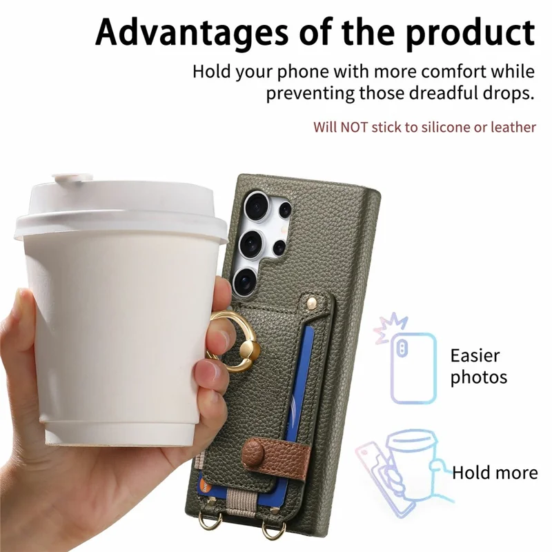 Samsung Galaxy S24 Ultra Hülle Kartenfach Ring Ständer Leder + PC Handyhülle mit Schultergurt - Mitternachtsgrün