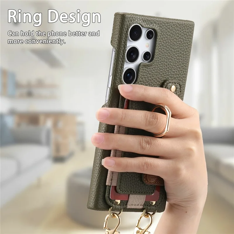 Samsung Galaxy S24 Ultra Hülle Kartenfach Ring Ständer Leder + PC Handyhülle mit Schultergurt - Mitternachtsgrün