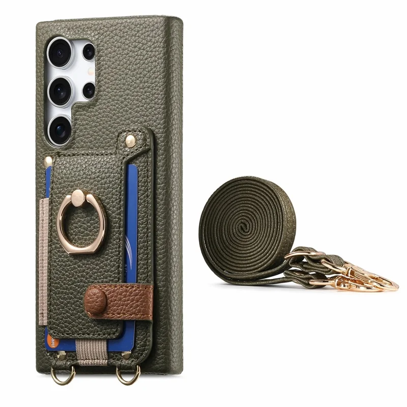 Samsung Galaxy S24 Ultra Hülle Kartenfach Ring Ständer Leder + PC Handyhülle mit Schultergurt - Mitternachtsgrün