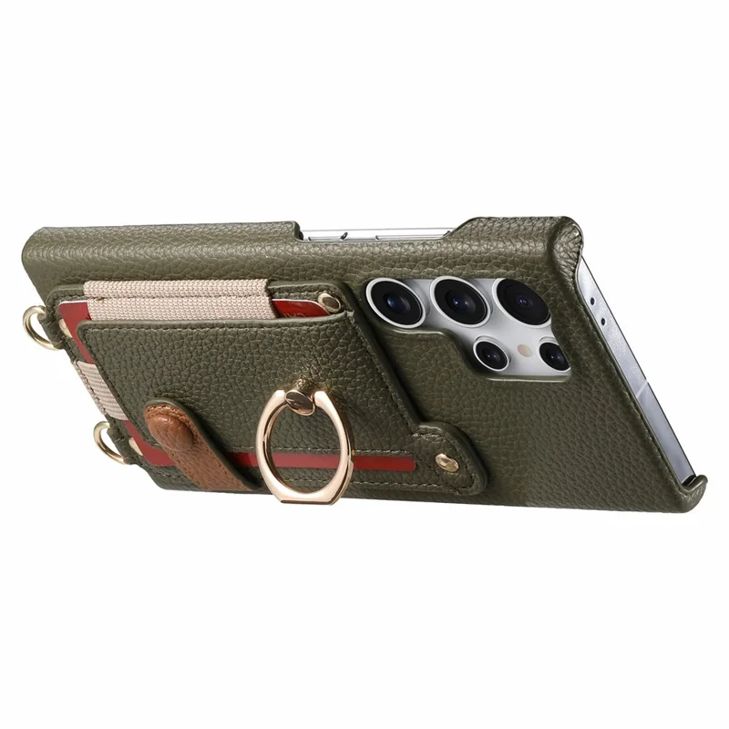 Samsung Galaxy S24 Ultra Hülle Kartenfach Ring Ständer Leder + PC Handyhülle mit Schultergurt - Mitternachtsgrün