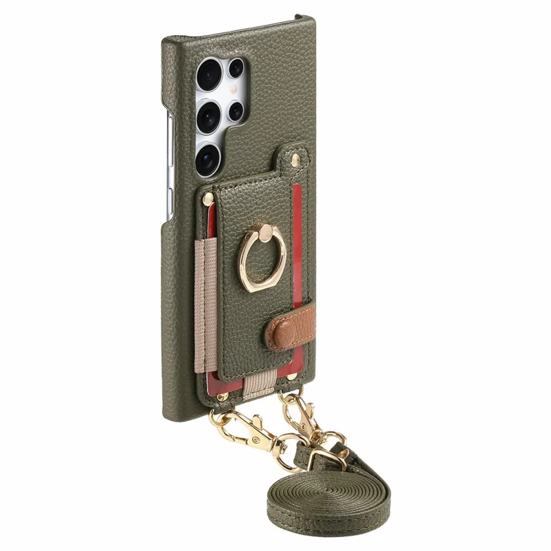 Samsung Galaxy S24 Ultra Hülle Kartenfach Ring Ständer Leder + PC Handyhülle mit Schultergurt - Mitternachtsgrün