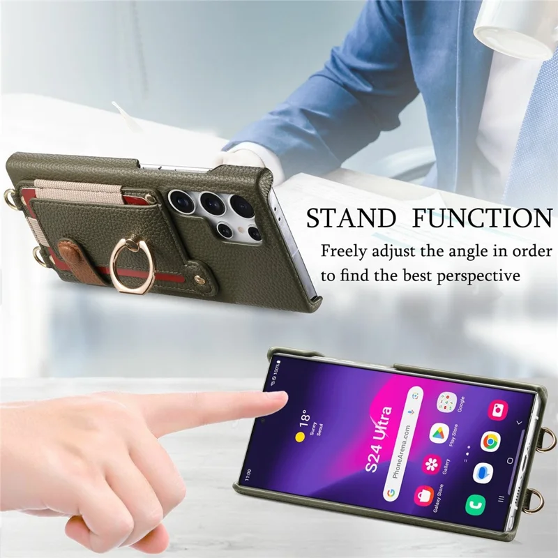 Samsung Galaxy S24 Ultra Hülle Kartenfach Ring Ständer Leder + PC Handyhülle mit Schultergurt - Mitternachtsgrün