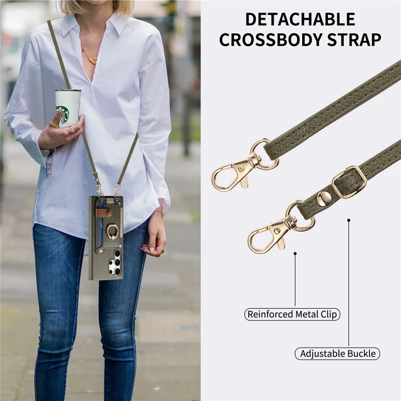 Samsung Galaxy S24 Ultra Hülle Kartenfach Ring Ständer Leder + PC Handyhülle mit Schultergurt - Mitternachtsgrün