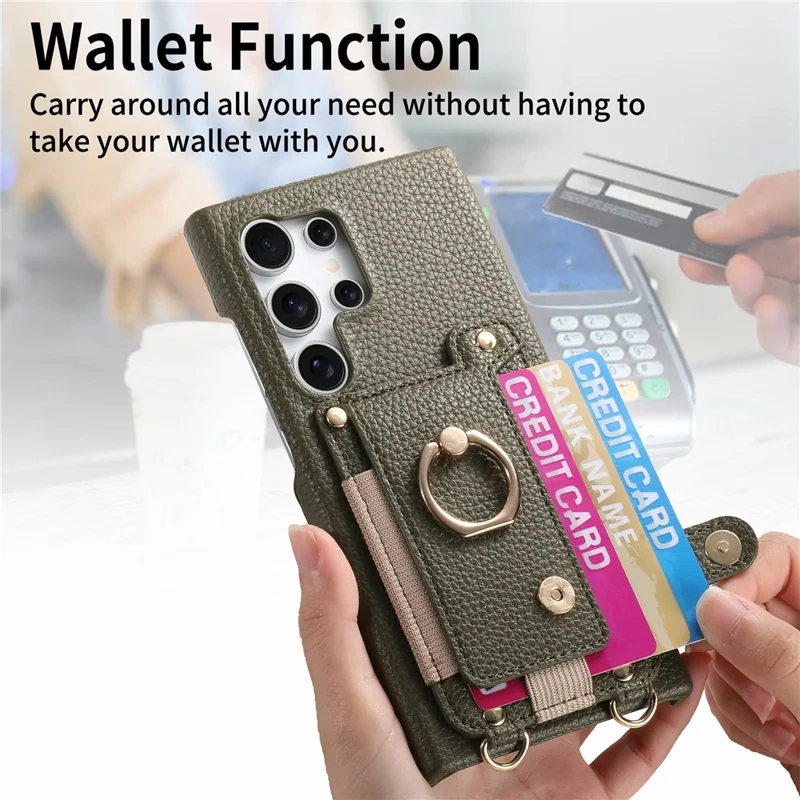 Samsung Galaxy S24 Ultra Hülle Kartenfach Ring Ständer Leder + PC Handyhülle mit Schultergurt - Mitternachtsgrün