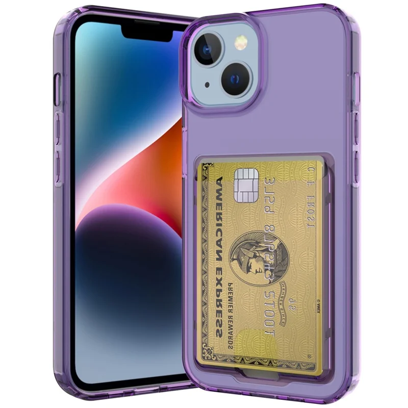 For iPhone 14 Card Series Thickened TPU Drop-proof Phone Cover Card Holder Protective Case - Transparent Purple